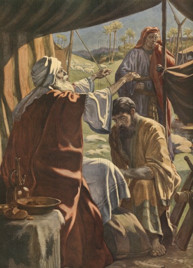 Scene from the biblical story, Jacob receives the blessing, a central biblical story from Genesis