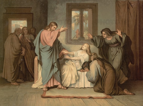 Scene from the biblical story, The Raising of the Daughter of Jairus is a well-known miracle of
