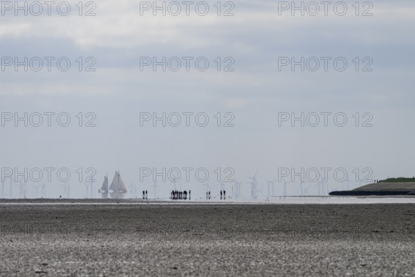 People and sailing ships in the Wadden Sea at low tide with wind turbines on the horizon, people on