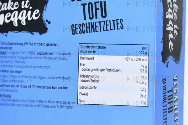 Germany - October 2025: German nutrition label of fried tofu showing calories, fat, carbohydrates,