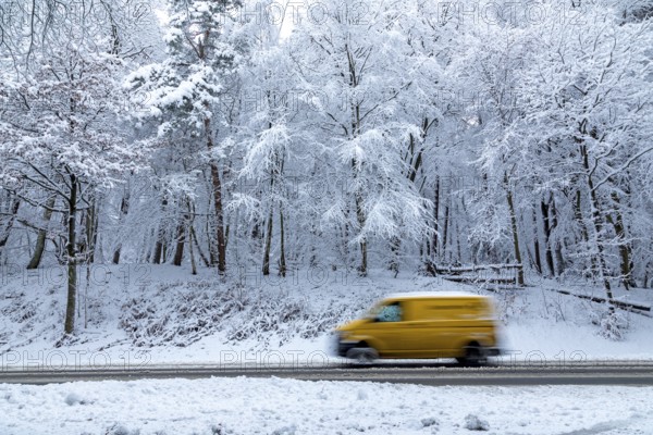 Post bus driving through snowy landscape, trees, winter, snow, Sieversen, Samtgemeinde Rosengarten,