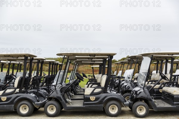 Lined up golf carts, golf carts, North Truro, Cape Cod, Massachusetts, New England, USA