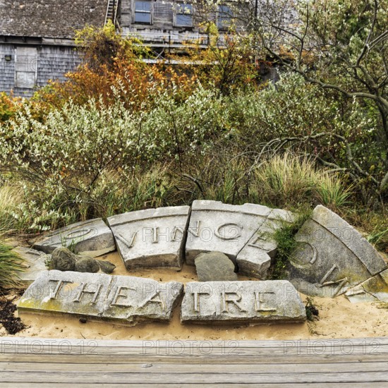 Ruins, former Provincetown theater, cinema, remains, sign with inscription, Whaler's Wharf,
