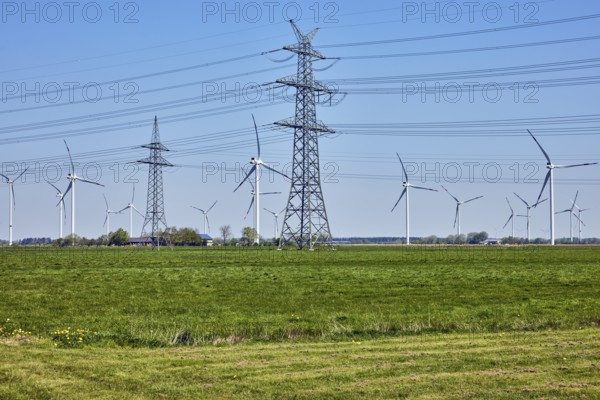 Wind turbines, high-voltage pole, high-voltage line, meadows, trees, Stadionstraße, Risum-Lindholm,