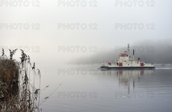HOCHDONN ferry sails in fog in the Kiel Canal, NOK, Kiel Canal, Kiel Canal, Schleswig-Holstein,