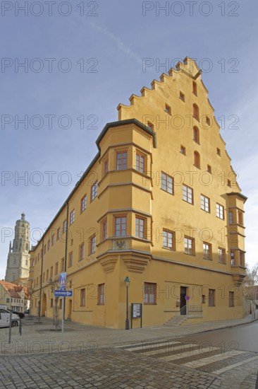 Former hall building with bay window and current elementary school center, Nördlingen, Bavaria,