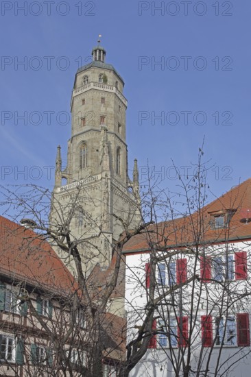 Late Gothic St. Georg church with Daniel church tower, half-timbered houses, Nördlingen, Bavaria,