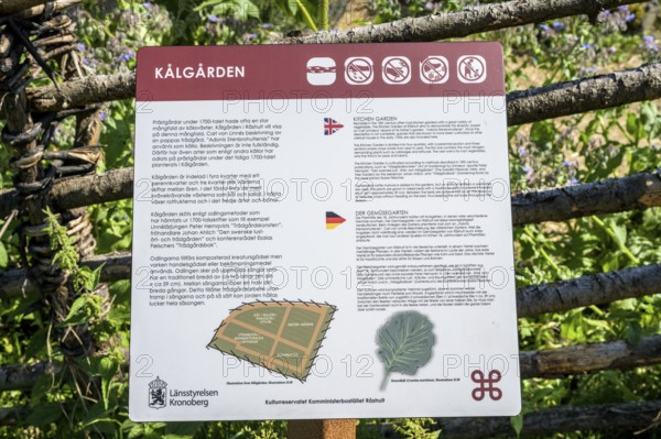 Information sign about Kålgården with texts in various languages and symbols, a picturesque garden