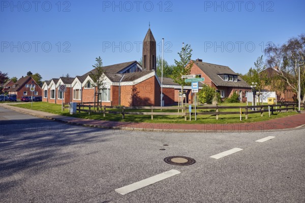 St. Ulrich Catholic Church, church tower, residential buildings, semi-detached houses, building