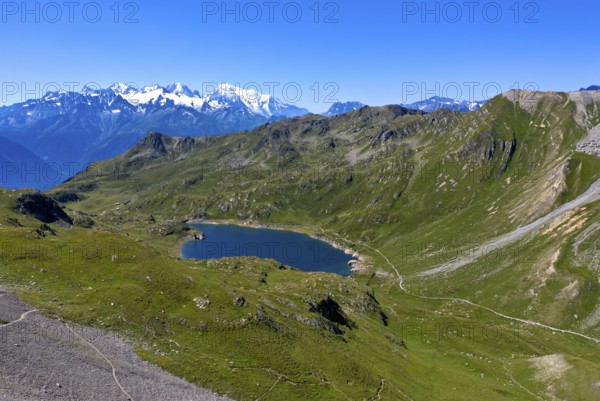 Oberer Fully See mountain lake, Lac Supérieur de Fully, in the back the Montblanc massif, Fully,
