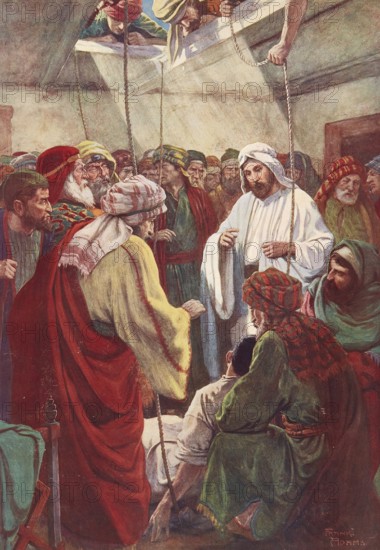 Scene from the biblical story, In the Bible, the story of the man with four friends refers to the