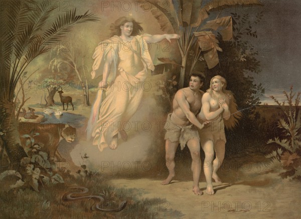 Scene from the biblical story, The Expulsion from Paradise, Adam and Eve, authentic reproduction of