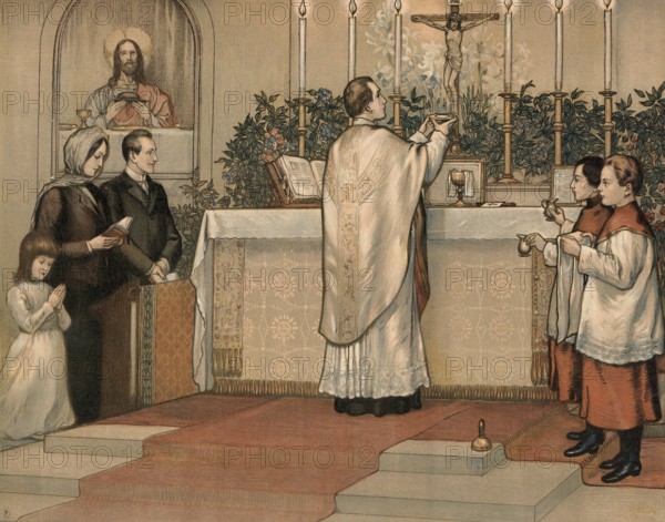 Scene from the biblical story, church service, priest preparing the Lord's Supper for the faithful,