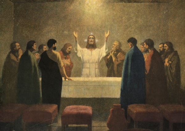Scene from the biblical story, The Last Supper, authentic reproduction of a school mural,