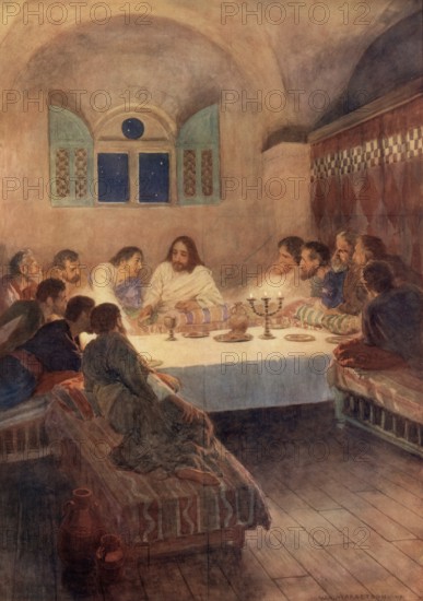 Scene from the biblical story, The Last Supper of Jesus with his disciples, authentic reproduction