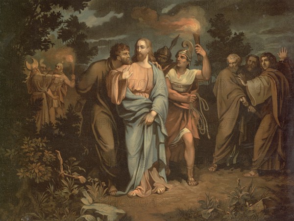 Scene from the biblical story, The Kiss of Judas, Judas Kiss, authentic reproduction of a school