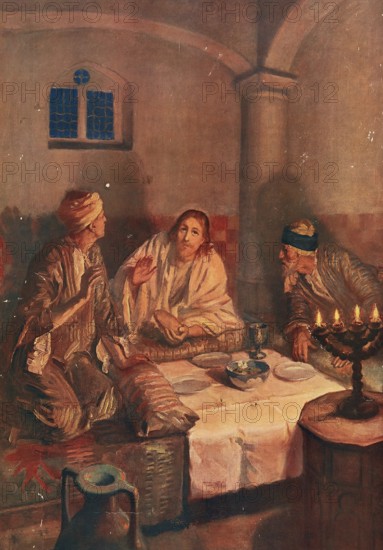 Scene from the biblical story, On the Day of Jesus' Resurrection, two disciples, one of them named