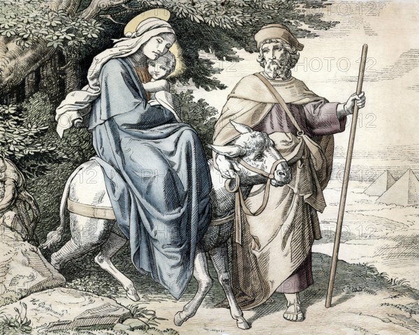 Scene from the biblical story, The Flight into Egypt, authentic reproduction of a school mural,