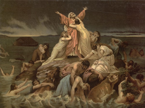 Scene from the biblical story, The Flood, worldwide flood to purify the earth, authentic