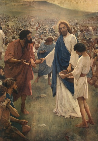 Scene from the biblical story, feeding the five thousand, miracle of the five loaves and two