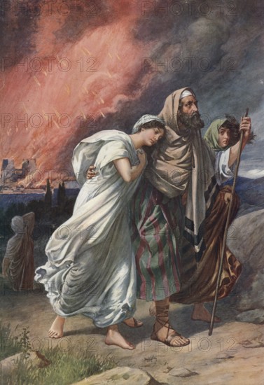 Scene from the biblical story, The Destruction of Sodom, authentic reproduction of a school mural,