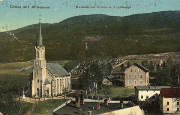 Altwasser, Catholic Church and Vogelkoppe, postcard, view around 1900 - 1910, historical, digital