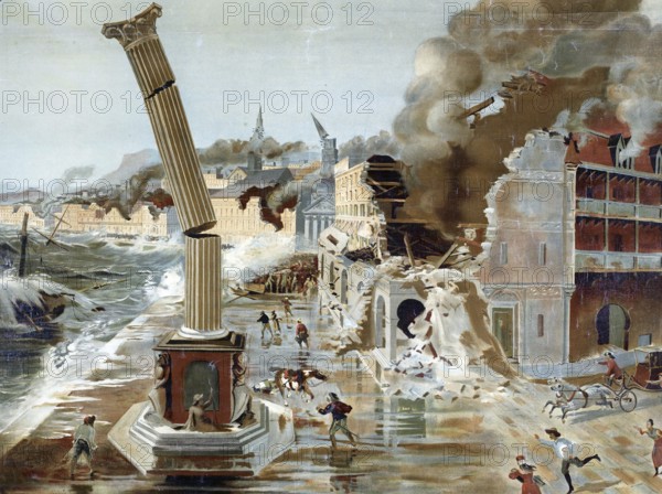 Symbolic image of earthquakes, destroyed houses and infrastructure, damage, scene of a destroyed
