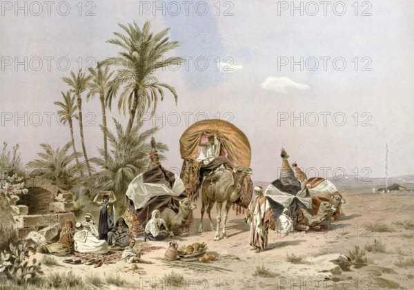 Bedouins, rest, camp in the desert, Arabia, caravan with camels and travelers in a desert landscape