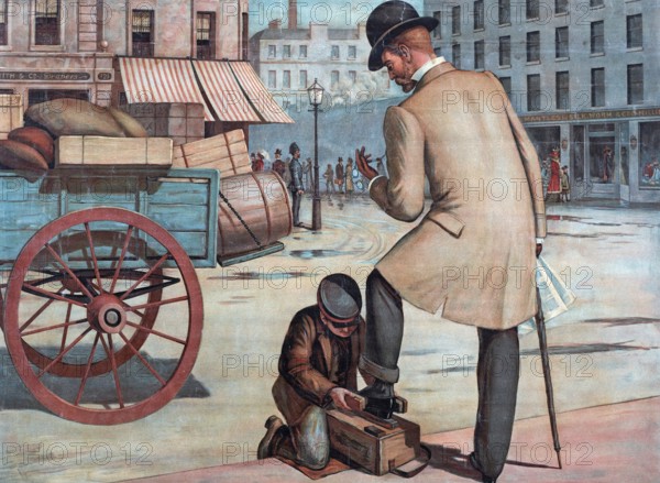 Shoe cleaner, boy as a shoe cleaner with an elegant gentleman in the street, A man has his shoes