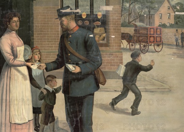 Postman, handing over a letter to the housewife, Germany, A postman presents a letter to a woman in