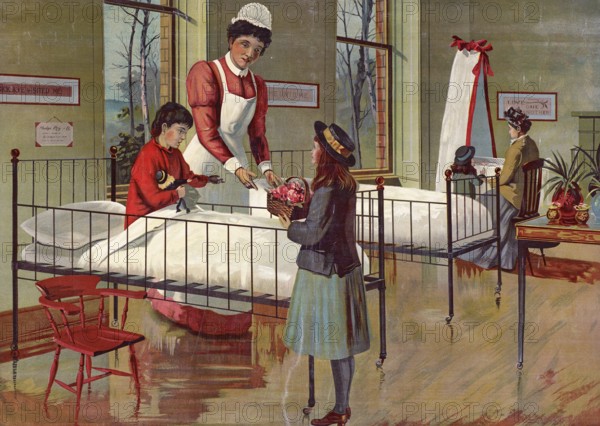 In a children's hospital, sick children in a dormitory room, visitor, nurse, scene in a hospital