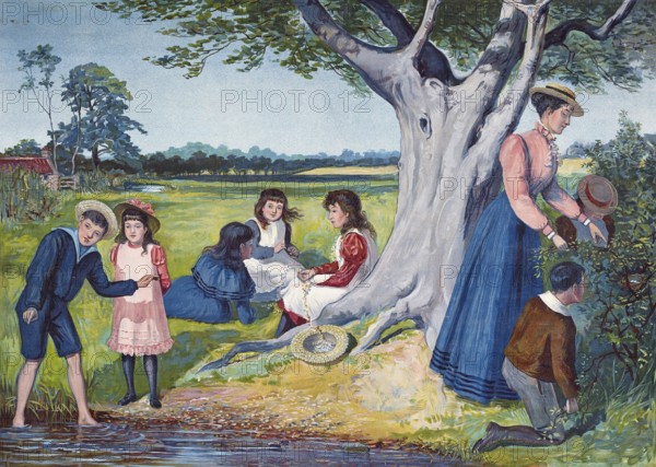 Trip with the children to the countryside, summer vacation, vacation, group of people having a
