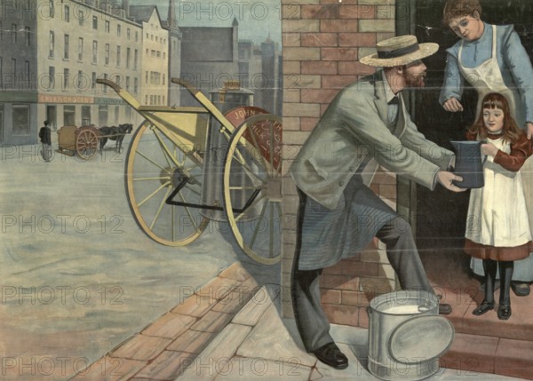 Milchman delivers milk to the front door, Germany, A milkman delivers milk to a child in a busy