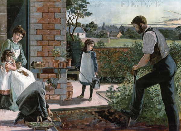 Man gardening, digging with spade, family, a family working in the garden, a woman watering plants