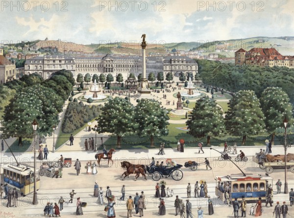 Schlossplatz in Stuttgart, Baden-Württemberg, Germany, lively town square with fountain, people,