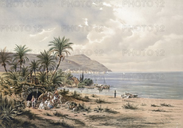 Carmel Mountains, Carmel or Carmel and the city of Haifa, Israel, beach landscape with palm trees