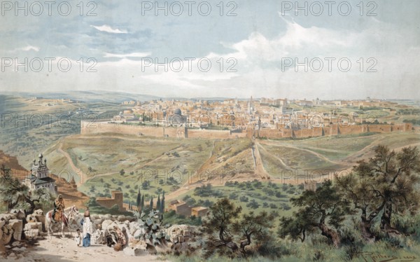 Panorama of Jerusalem, today Israel, panorama of an ancient city with walls in a vast landscape,