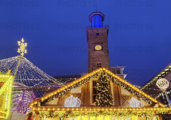 The Christmas market with the town hall tower in the evening, Hagen, Ruhr area, North