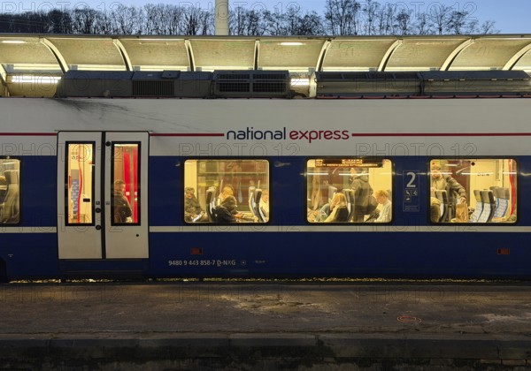 Regional express from National Express in the evening, central railway station, Hagen, North