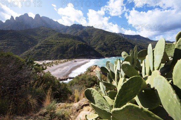 View of the pebble beach and Porto Bay, a UNESCO World Heritage Site, Ota, west coast of Corsica,