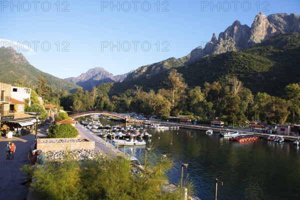 Port de Porto or port of Porto on the Porto river, behind the Capu d'Orto mountains, Porto, Ota,