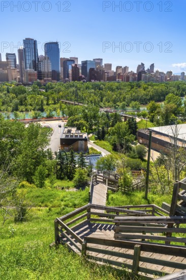 Wooden staircase winding down a grassy slope, leading towards the modern cityscape of calgary,