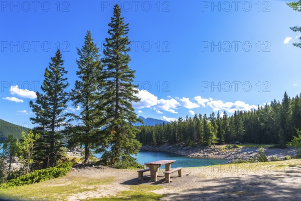 Breathtaking summer view of lake minnewanka, featuring turquoise waters, lush evergreen forests,