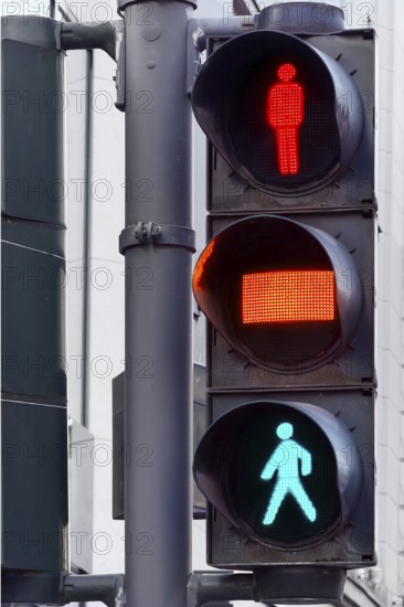 Pedestrian traffic light with yellow phase, Düsseldorf is the only city in Germany with a yellow
