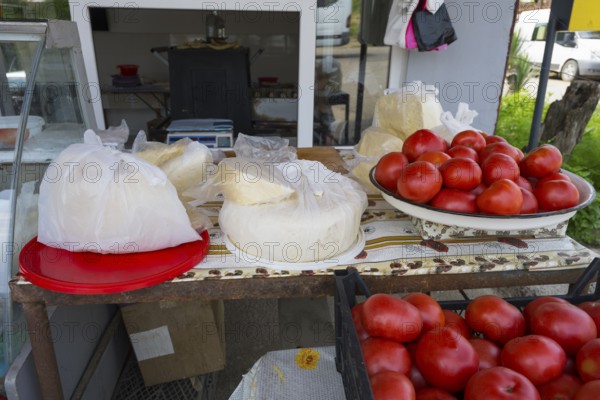 A market stall with tomatoes and cheese, fresh and on plates and wrapped in plastic, selling cheese