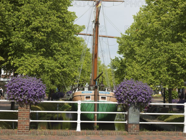 Replica of a coastal cargo ship, Margaretha von Papenburg, main canal, at anchor, historic museum