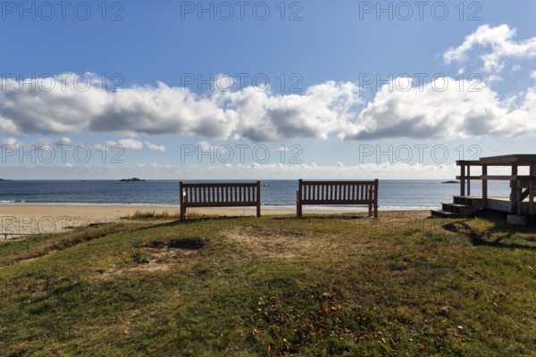 Two benches with views of the sandy beach and ocean, Singing Beach, Manchester-by-the-Sea, Cape