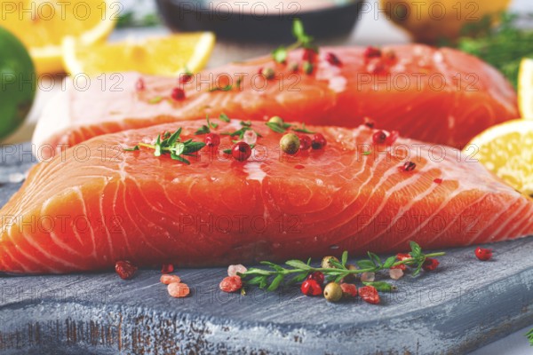 Two pieces of salmon fillet sit on a wooden cutting board. They are topped with herbs and pink