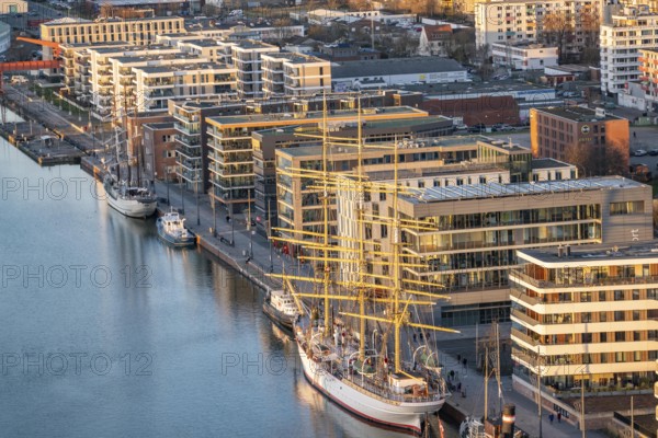 Overview of New Harbour residential buildings, sailing school ship Germany, Bremerhaven, Bremen,