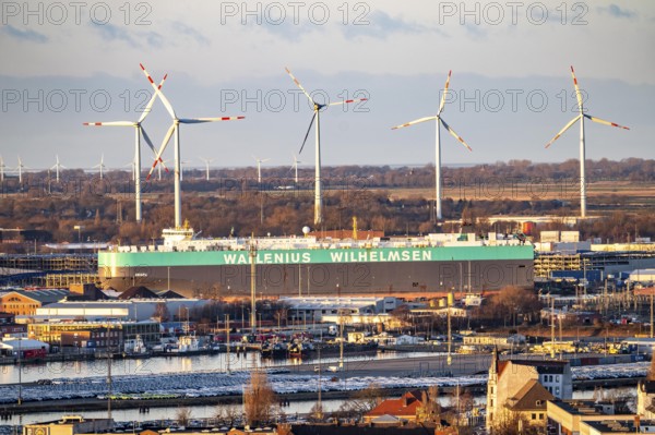 Overview of the overseas port with BLG Auto Terminal in Bremerhaven, Bremen, Aniara car transporter